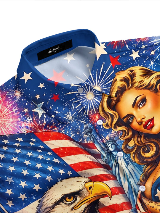 Vintage American Flag Eagle Pin-Up Girl Independence Day Men's Pocket Short Sleeve Shirts