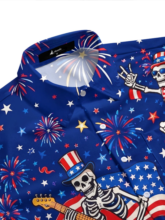 USA Flag Skeleton Guitar Eagle Independence Day Men's Pocket Short Sleeve Shirts