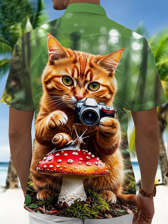 Fun Ginger Cat Camera Mushroom Snail Forest Men's Pocket Short Sleeve Shirts
