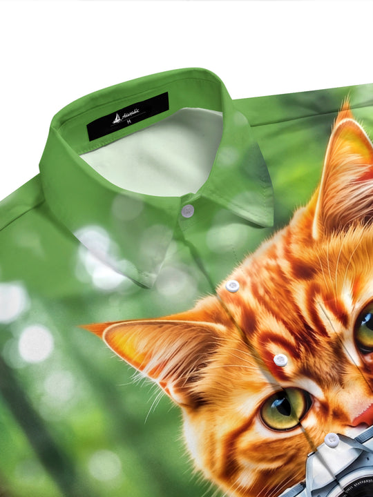 Fun Ginger Cat Camera Mushroom Snail Forest Men's Pocket Short Sleeve Shirts