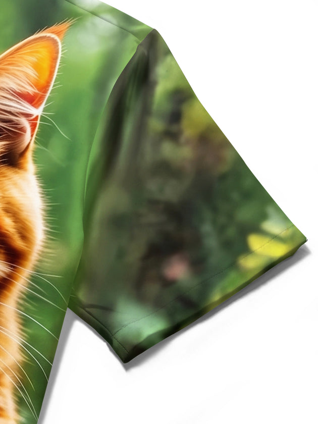 Fun Ginger Cat Camera Mushroom Snail Forest Men's Pocket Short Sleeve Shirts