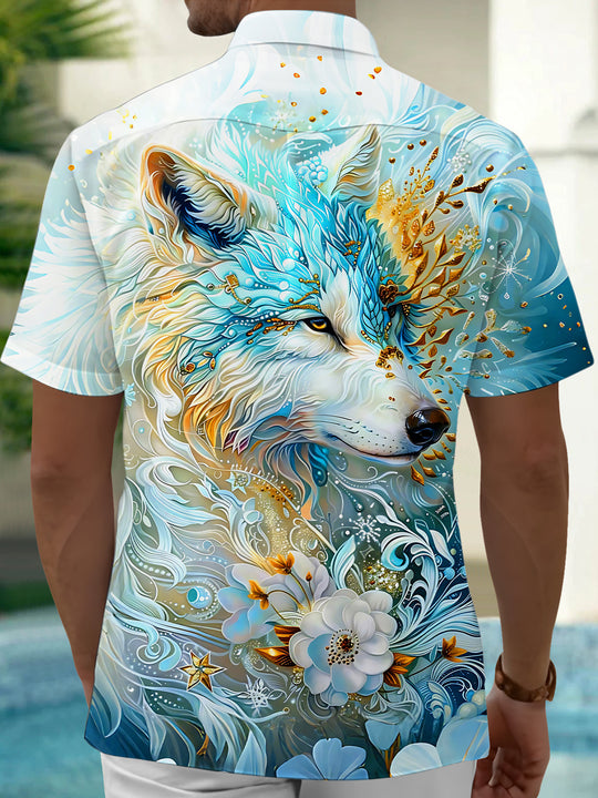 Art Blue Gold Ice Crystal Lone Wolf Floral Men's Pocket Short Sleeve Shirts