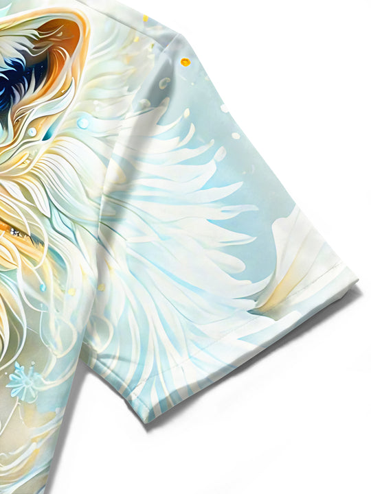 Art Blue Gold Ice Crystal Lone Wolf Floral Men's Pocket Short Sleeve Shirts