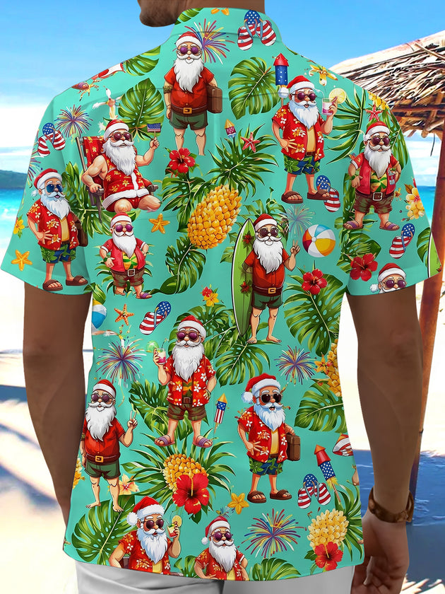 Fun Hawaii Summer Christmas Santa Claus Pineapple Men's Pocket Short Sleeve Shirts