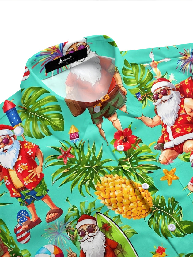 Fun Hawaii Summer Christmas Santa Claus Pineapple Men's Pocket Short Sleeve Shirts