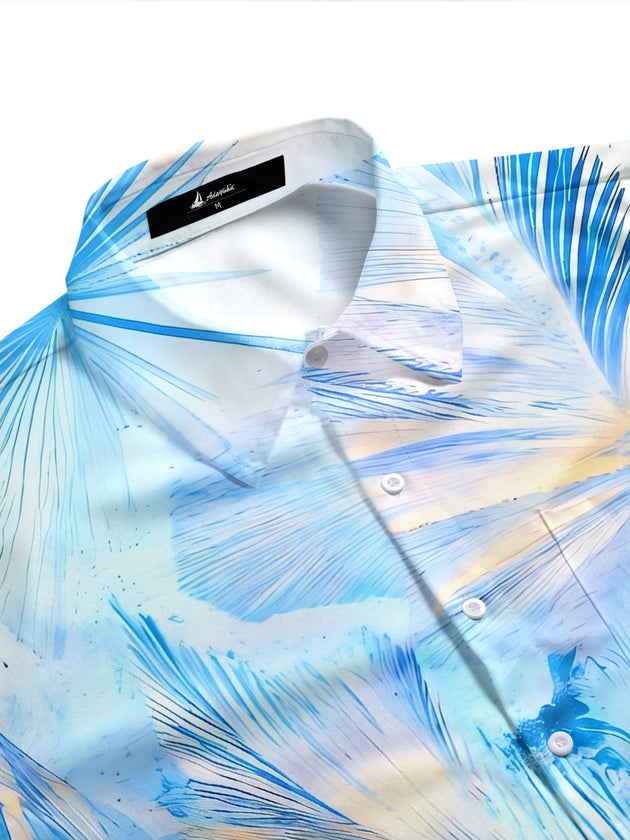 Sunset Coconut Grove Gradient Palm Leaf Vacation Men's Pocket Short Sleeve Shirts