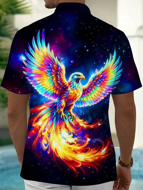 Dark Starry Sky Iridescent Eagle Spreading Wings Men's Pocket Short Sleeve Shirts