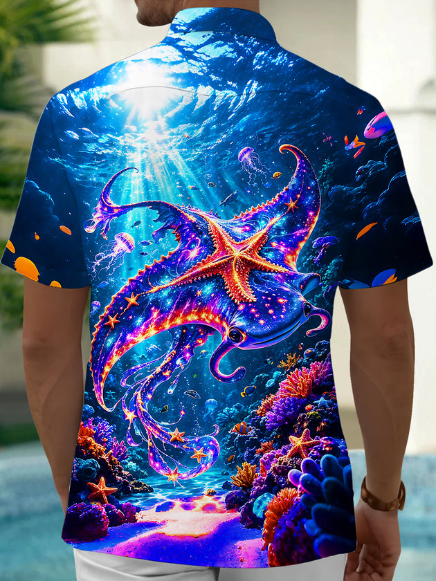 Deep Sea Fluorescent Manta Ray Starfish Coral Men's Pocket Short Sleeve Shirts