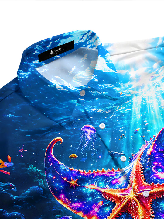 Deep Sea Fluorescent Manta Ray Starfish Coral Men's Pocket Short Sleeve Shirts