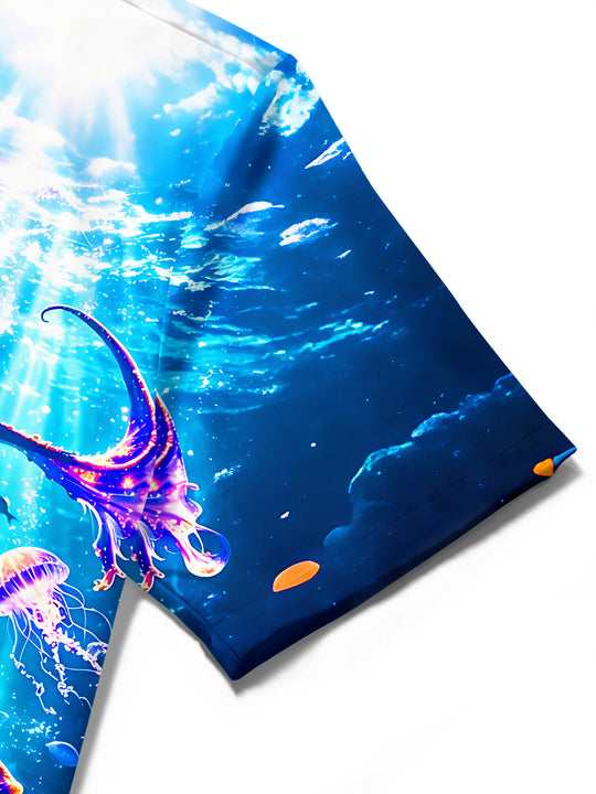 Deep Sea Fluorescent Manta Ray Starfish Coral Men's Pocket Short Sleeve Shirts