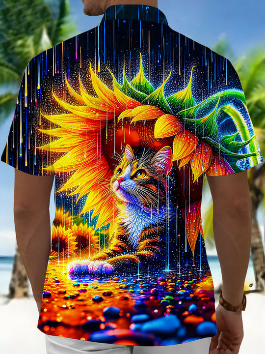 Fun Iridescent Sunflower Cat Rainy Night Men's Pocket Short Sleeve Shirts