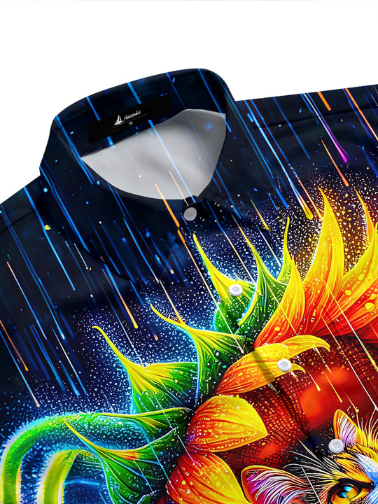 Fun Iridescent Sunflower Cat Rainy Night Men's Pocket Short Sleeve Shirts