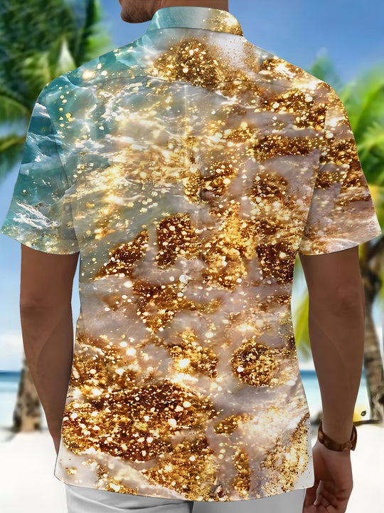 Art Abstract Shiny Gilded Wave Beach Men's Pocket Short Sleeve Shirts
