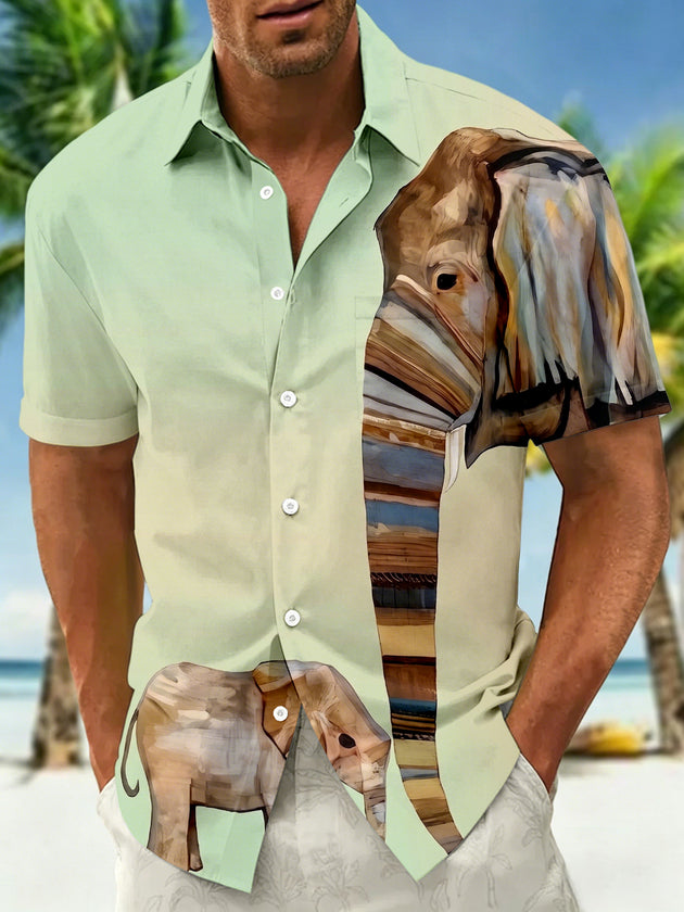 Vintage Art Watercolor Elephant Men's Pocket Short Sleeve Shirts