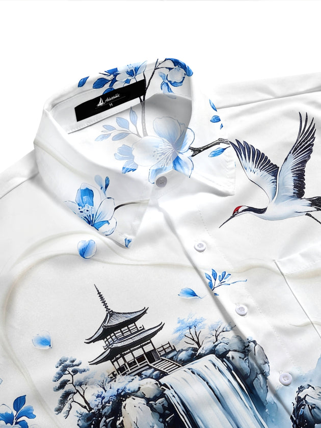 Art Blue And White Porcelain Landscape Red-Crowned Crane Men's Pocket Short Sleeve Shirts