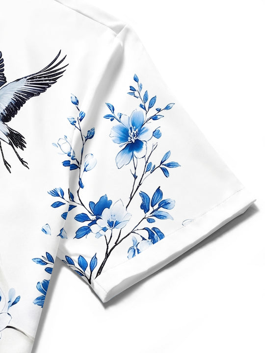 Art Blue And White Porcelain Landscape Red-Crowned Crane Men's Pocket Short Sleeve Shirts