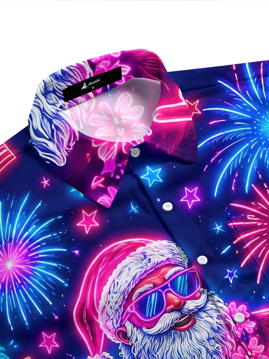 Hawaiian Neon Summer Christmas Flamingo & Palm Tree Men's Pocket Short Sleeve Shirts