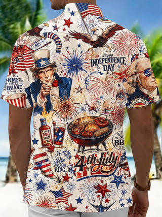 Vintage USA Independence Day BBQ Uncle Sam & Washington Men's Pocket Short Sleeve Shirts