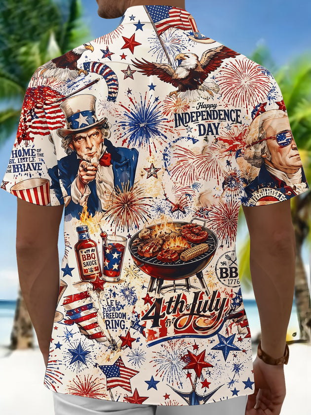 Vintage USA Independence Day BBQ Uncle Sam & Washington Men's Pocket Short Sleeve Shirts