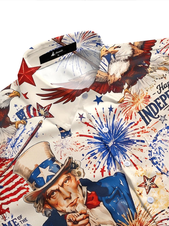 Vintage USA Independence Day BBQ Uncle Sam & Washington Men's Pocket Short Sleeve Shirts
