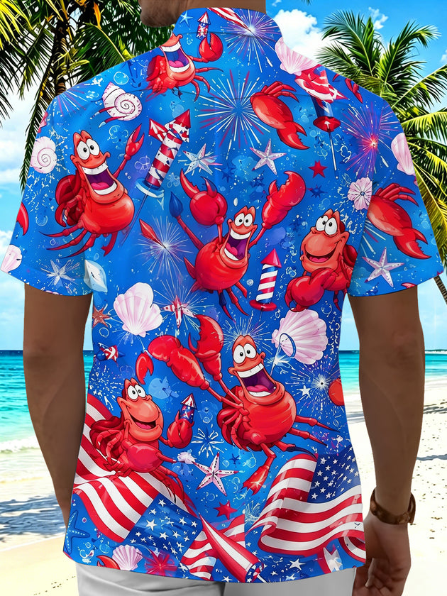 Funny Independence Day Lobster USA Flag Firework Men's Pocket Short Sleeve Shirts