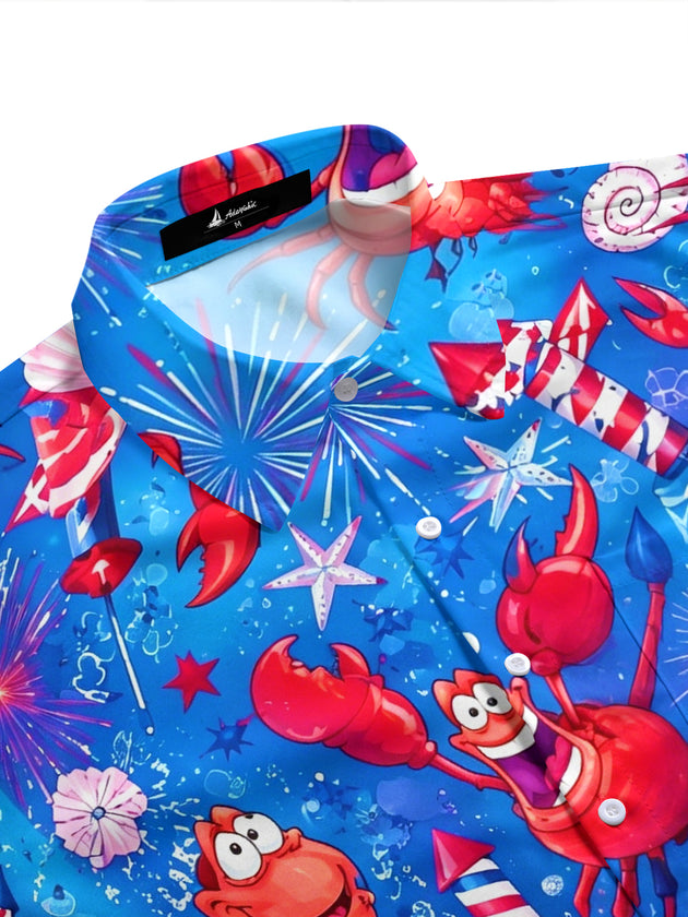Funny Independence Day Lobster USA Flag Firework Men's Pocket Short Sleeve Shirts