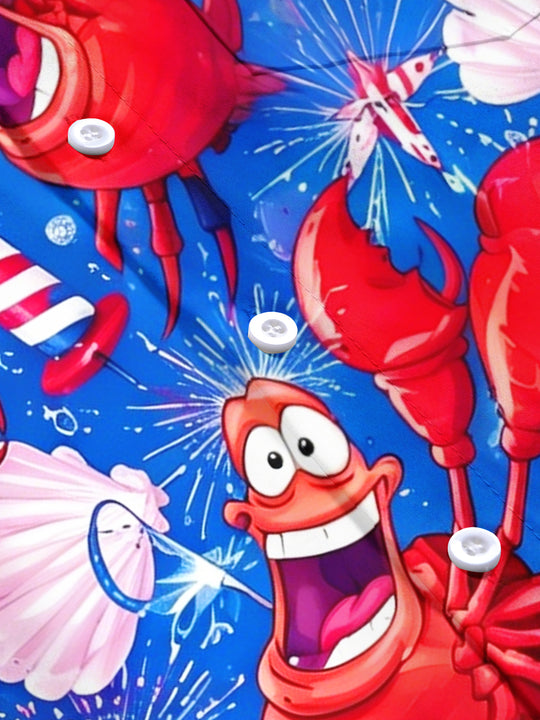 Funny Independence Day Lobster USA Flag Firework Men's Pocket Short Sleeve Shirts