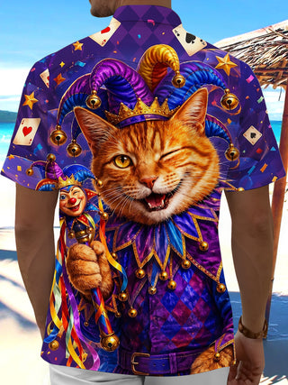 Funny Jester Joker Cat Poker Diamond Plaid Vintage Print Men's Pocket Short Sleeve Shirts
