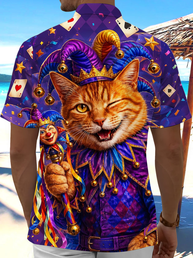 Funny Jester Joker Cat Poker Diamond Plaid Vintage Print Men's Pocket Short Sleeve Shirts