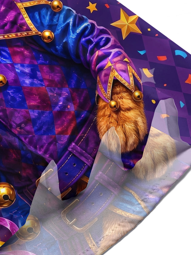 Funny Jester Joker Cat Poker Diamond Plaid Vintage Print Men's Pocket Short Sleeve Shirts