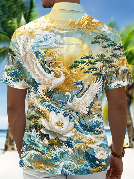Art Gold Foil Scenery Red-Crowned Crane Lotus Mountain Wave Men's Pocket Short Sleeve Shirts