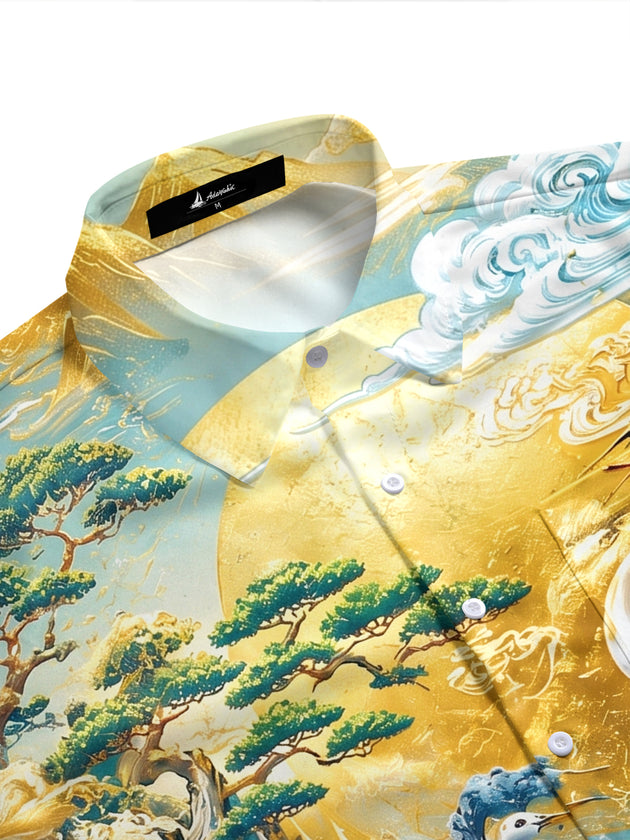 Art Gold Foil Scenery Red-Crowned Crane Lotus Mountain Wave Men's Pocket Short Sleeve Shirts