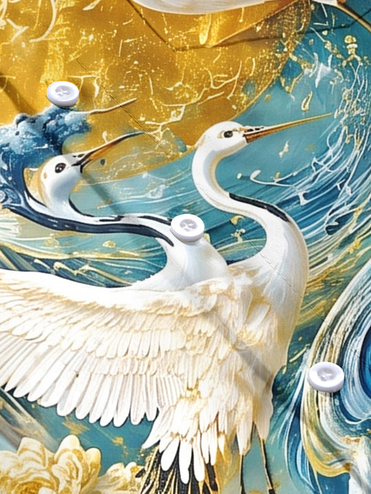 Art Gold Foil Scenery Red-Crowned Crane Lotus Mountain Wave Men's Pocket Short Sleeve Shirts