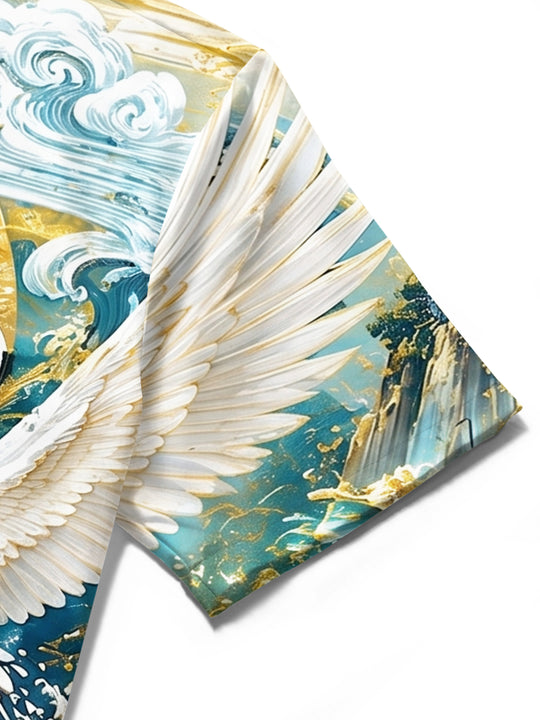 Art Gold Foil Scenery Red-Crowned Crane Lotus Mountain Wave Men's Pocket Short Sleeve Shirts