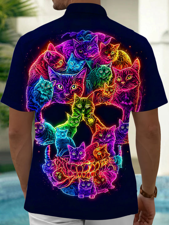 Funny Neon Colorful Skull Cat Luminous Dark Men's Pocket Short Sleeve Shirts