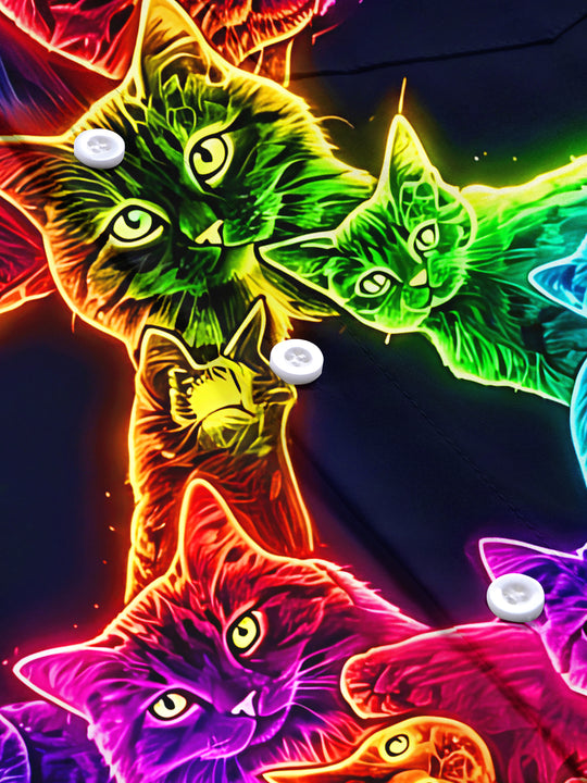 Funny Neon Colorful Skull Cat Luminous Dark Men's Pocket Short Sleeve Shirts