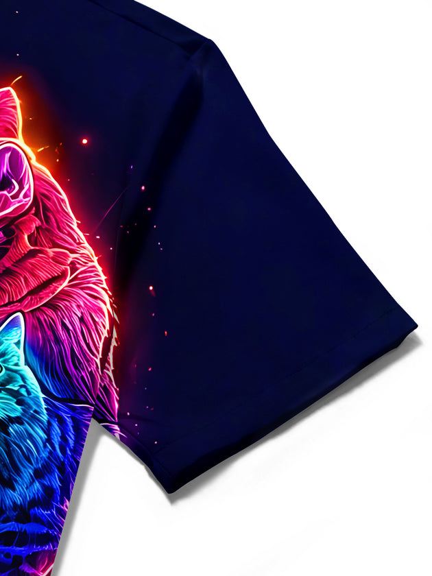 Funny Neon Colorful Skull Cat Luminous Dark Men's Pocket Short Sleeve Shirts