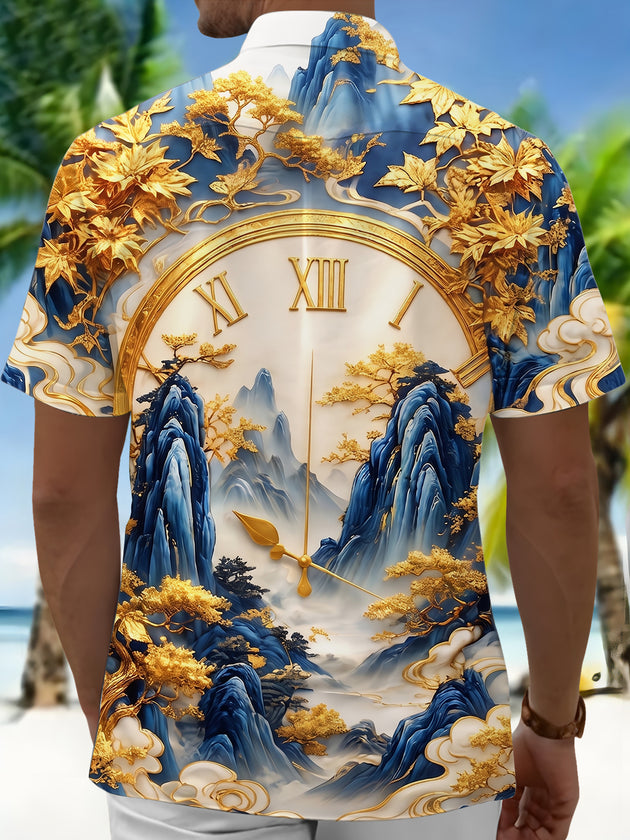 Art Gold Foil Mountain Scenery Clock Men's Pocket Short Sleeve Shirts