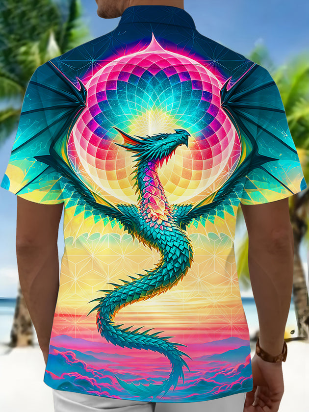 Psychedelic Colorful Dragon Disco Ball Vintage Men's Pocket Short Sleeve Shirts