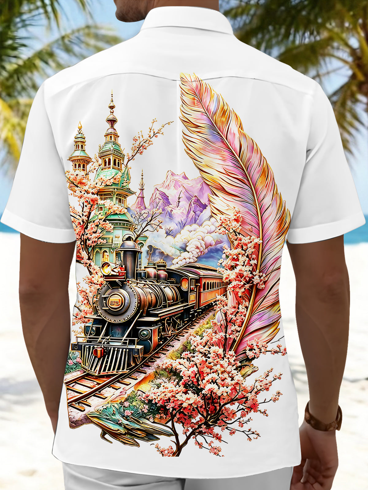 Art Vintage Steam Train Cherry Blossom Feather Castle Scenery Men's Pocket Short Sleeve Shirts