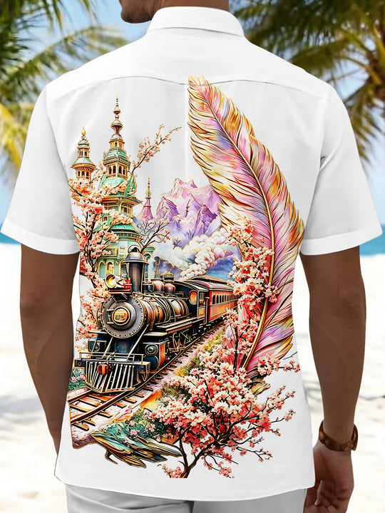 Art Vintage Steam Train Cherry Blossom Feather Castle Scenery Men's Pocket Short Sleeve Shirts