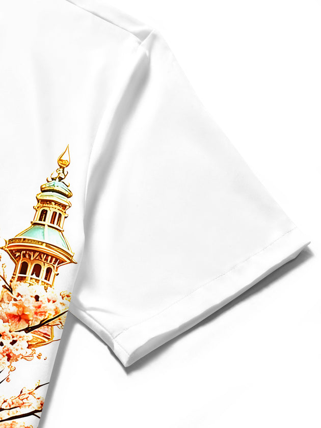 Art Vintage Steam Train Cherry Blossom Feather Castle Scenery Men's Pocket Short Sleeve Shirts