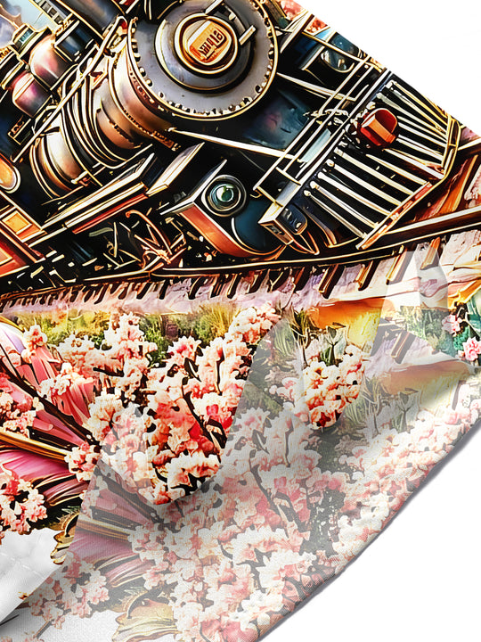 Art Vintage Steam Train Cherry Blossom Feather Castle Scenery Men's Pocket Short Sleeve Shirts