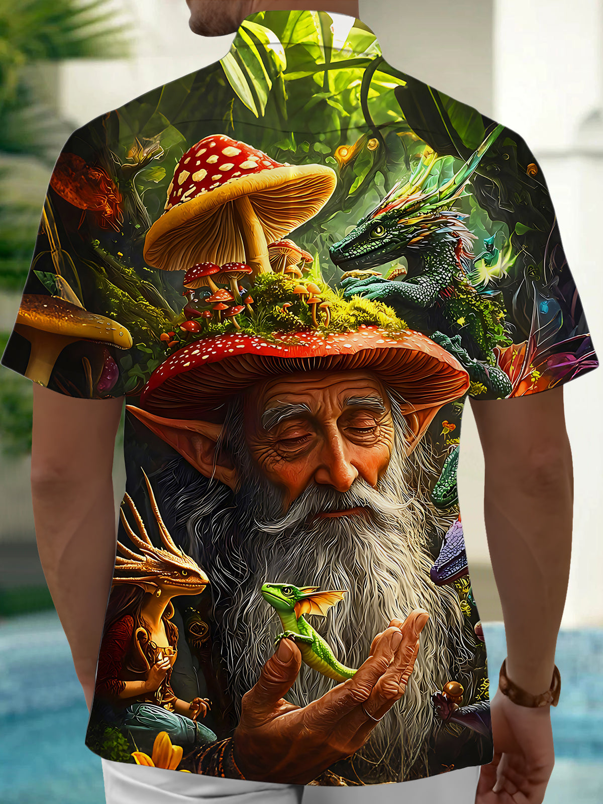 Art Vintage Forest Elf Old Man Mushroom Men's Pocket Short Sleeve Shirts