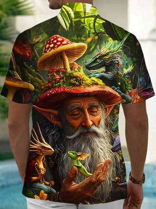 Art Vintage Forest Elf Old Man Mushroom Men's Pocket Short Sleeve Shirts