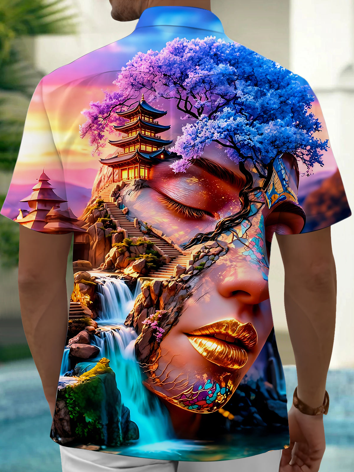 Art Secret Realm Human Face Landscape Pagoda Men's Pocket Short Sleeve Shirts