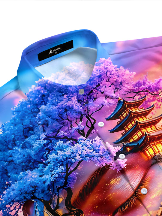 Art Secret Realm Human Face Landscape Pagoda Men's Pocket Short Sleeve Shirts