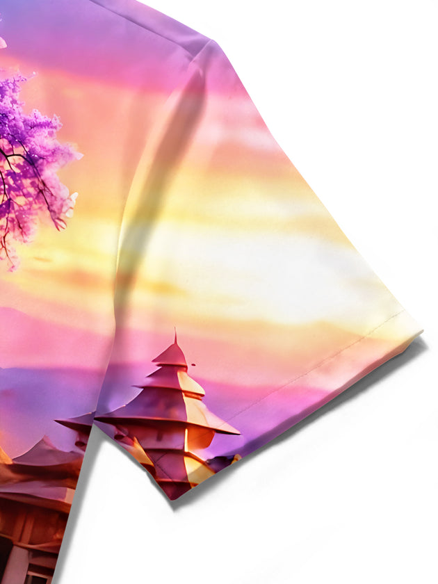 Art Secret Realm Human Face Landscape Pagoda Men's Pocket Short Sleeve Shirts