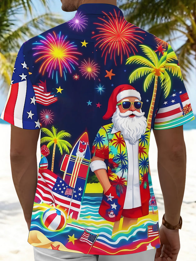Hawaiian Summer Christmas Santa Claus Beach Flag Independence Day Men's Pocket Short Sleeve Shirts