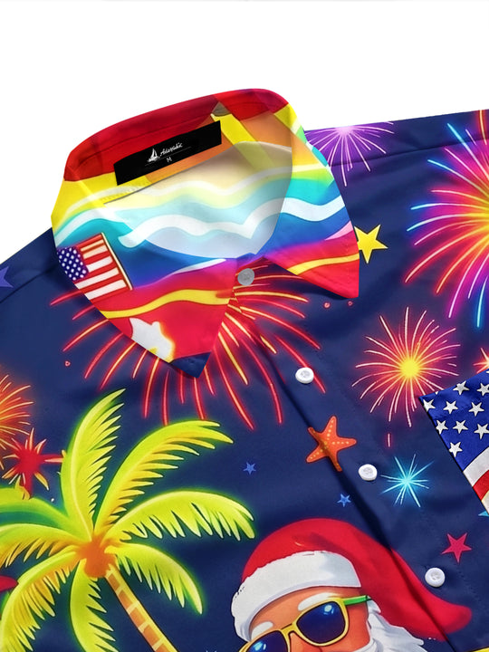 Hawaiian Summer Christmas Santa Claus Beach Flag Independence Day Men's Pocket Short Sleeve Shirts
